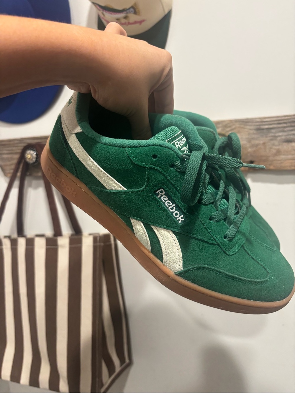Reebok Kids Green Suede Sneakers with White Stripes and Gum Sole
